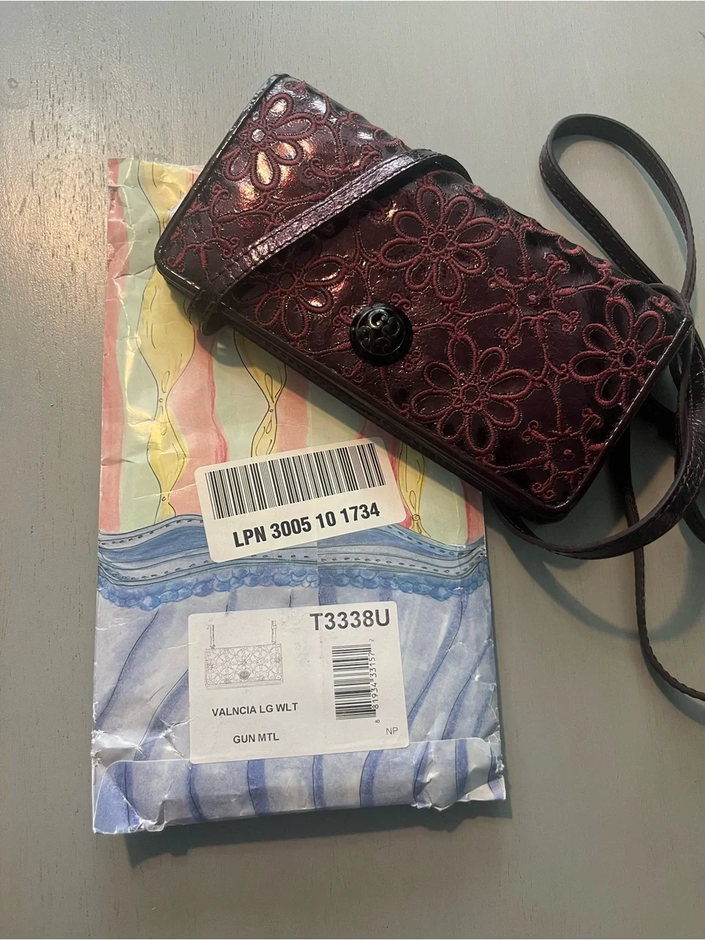 Brighton Metallic Plum Patent Leather Floral Embroidered Crossbody Wallet / Bag